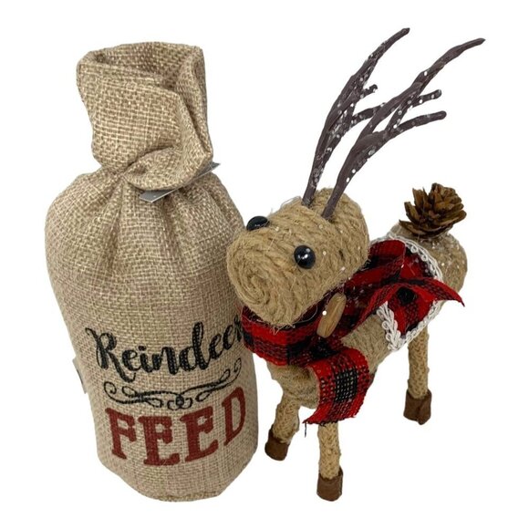 Christmas Reindeer Feed Sack Buffalo Check Set Rustic Farmhouse Holiday Decor - Picture 2 of 11